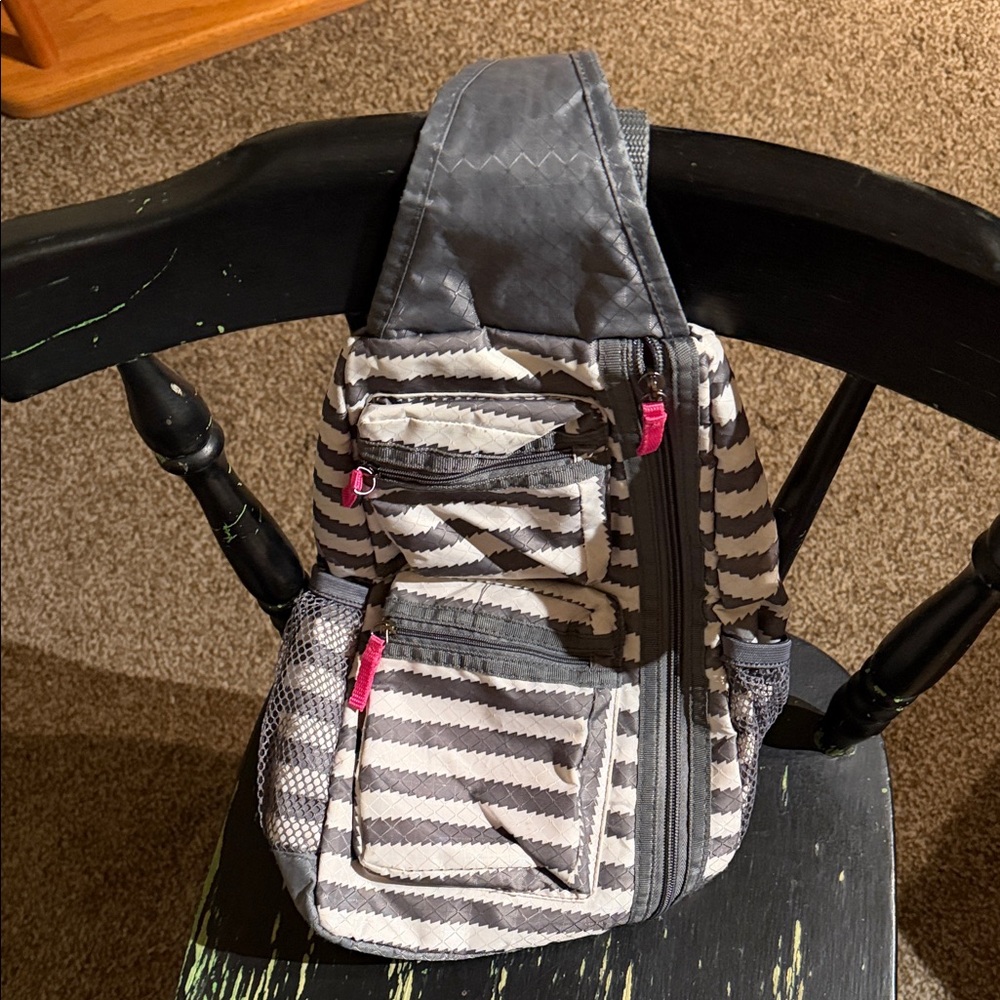 Thirty-One Gray and Pink Striped sling pack